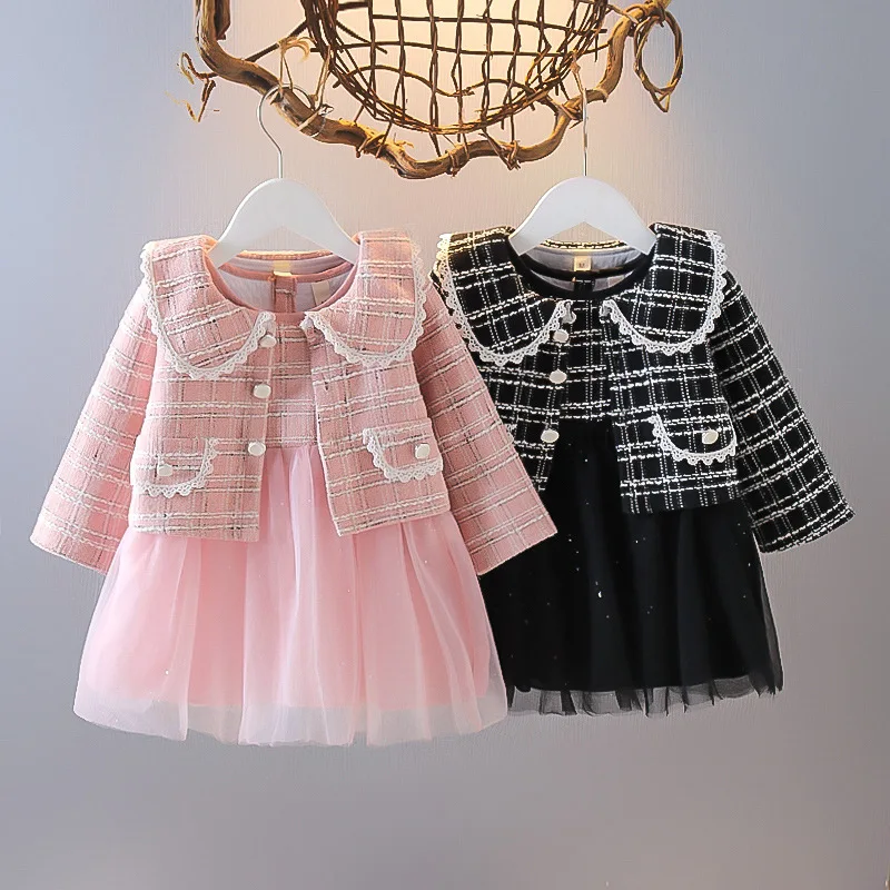 

Autumn and Winter UK Boutique Girl Clothes Long Sleeve Jacket Dress Two-Piece Set Baby Girl Plaid Dress