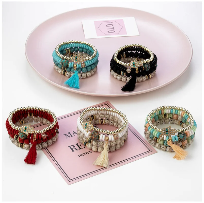 

Hot Sell 4 Pcs/Set Colorful Slap Multilayer Beaded Bracelets For Woman Hamsa Bodhi Beads Tassel Bracelets Fashion 2022