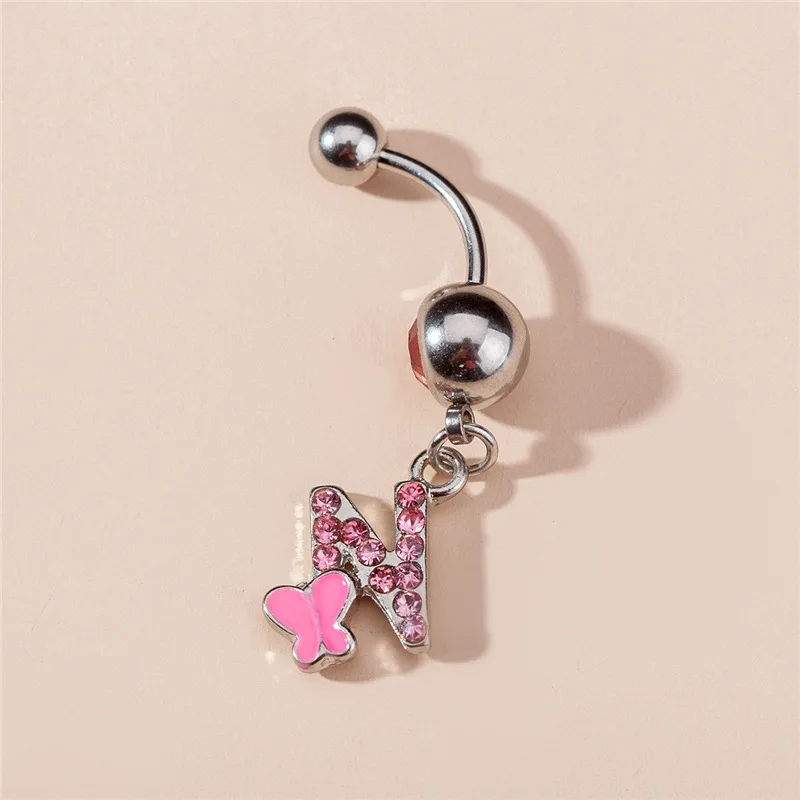 

New Pink Butterfly Letter Zirconia Surgical Steel Navel Piercing Belly Button Rings Belly Piercing Body Fine Jewelry L B Z