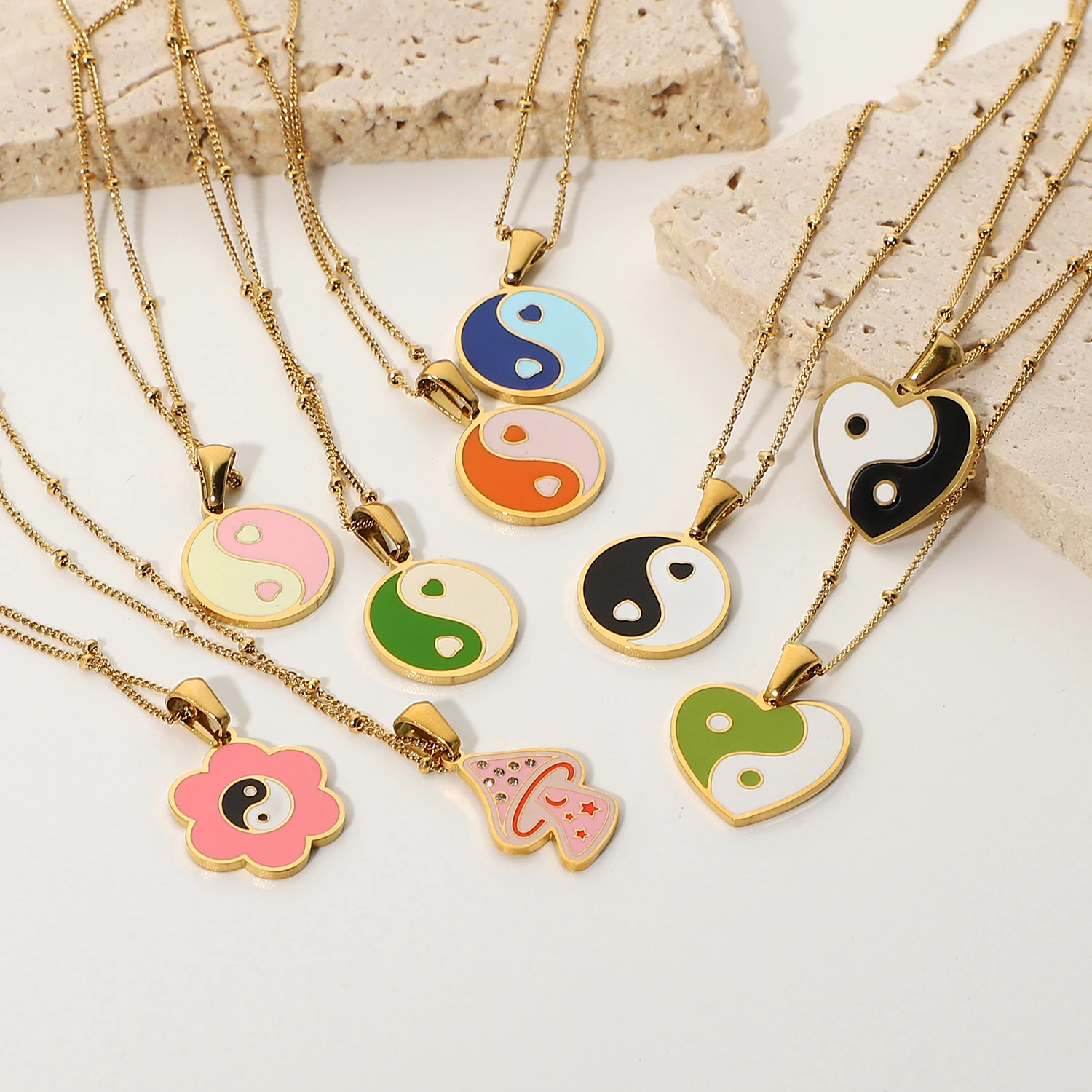 

18K Gold Plated Stainless Steel Colorful Yin yang heart Mushroom enamel heart necklace for women Balance pendant necklace