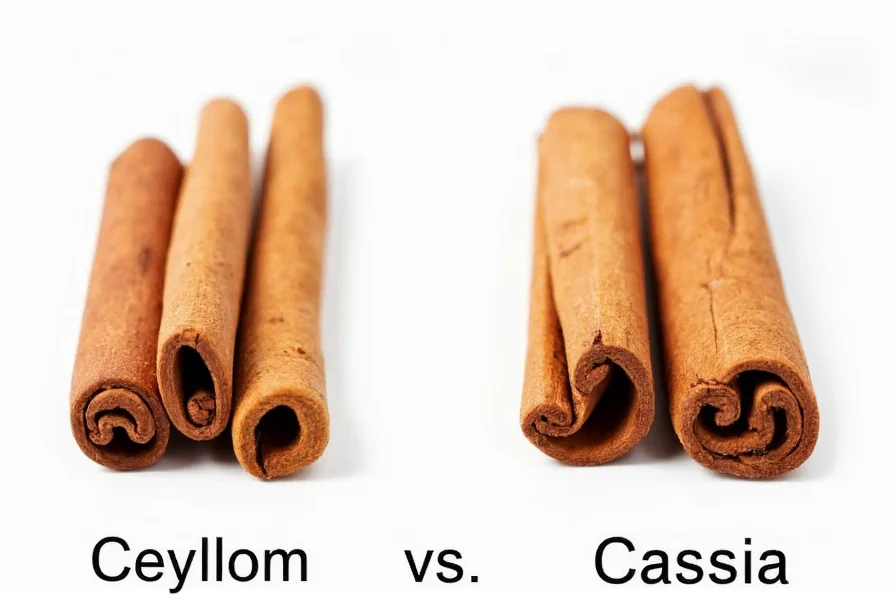 Comparison of Ceylon and Cassia cinnamon sticks showing physical differences between the two varieties