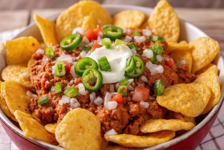 Chili fritos served in a bowl with various toppings including onions, jalapeños, and sour cream