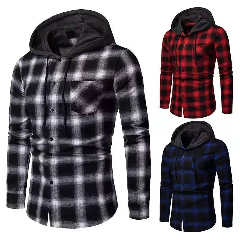 

Men's Hoodie Shirt Long Sleeve 100% Cotton Check Flannel Casual Hoodie Shirt