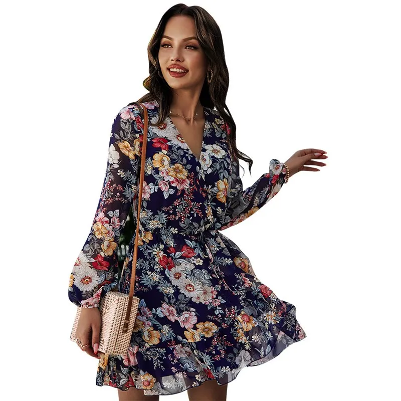 

QZ-116 custom made Temperament women V-neck casual dress Long sleeve summer girls' dresses