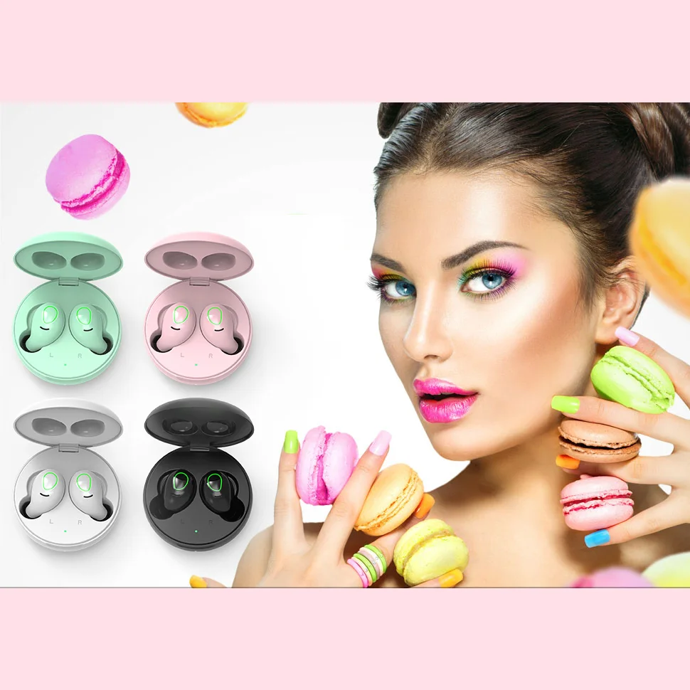 

Handsfree Gaming Music Sport Touch control BT 5.0 Mini HIFI TWS Wireless True Stereo Earbuds with wireless charging box, Macarons color pink green black white