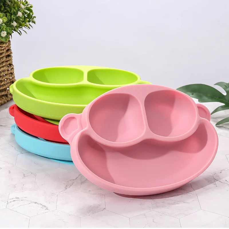

Amazon Silicone Dinner Plate Integrated Suction Cup Silicone Infant Food Supplement Subdivision Anti-fall Dinner Plate, Pink, light blue, red, green, purple, dark blue, orange, yellow