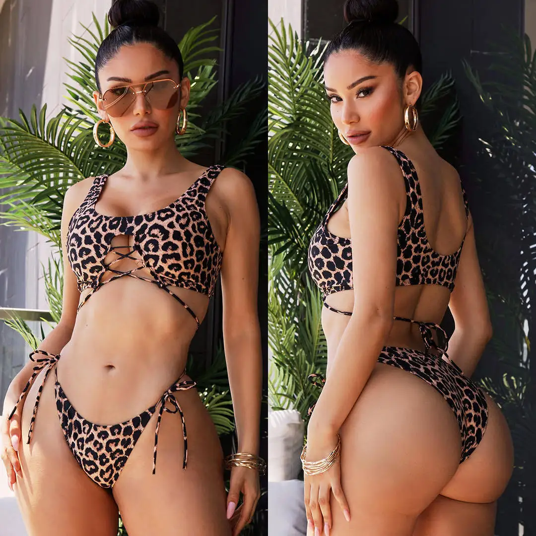 

Ready To Ship Women's Leopard 2 Piece Swimsuit Set Bandage Trunk Swimwear