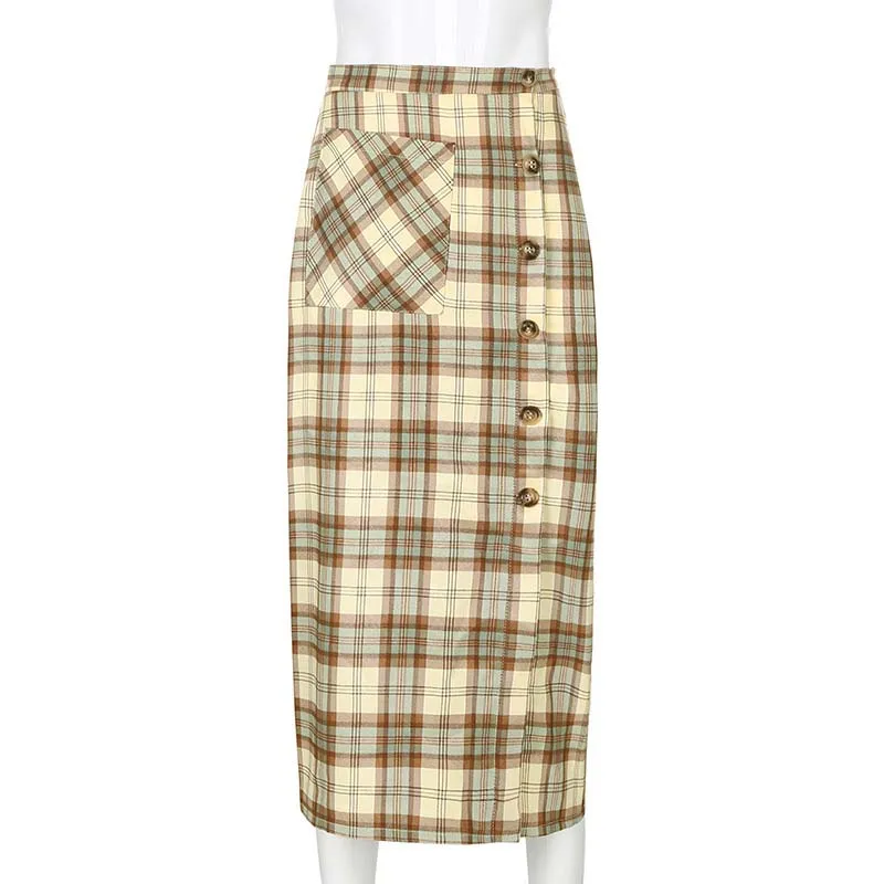 

Fashion Style High Waist Skirts Slit Button Plaid Long Skirt, Yellow