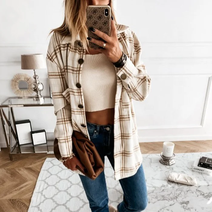 

Autumn and winter loose casual retro plaid lapel shirt Women's long-sleeved shirt jacket