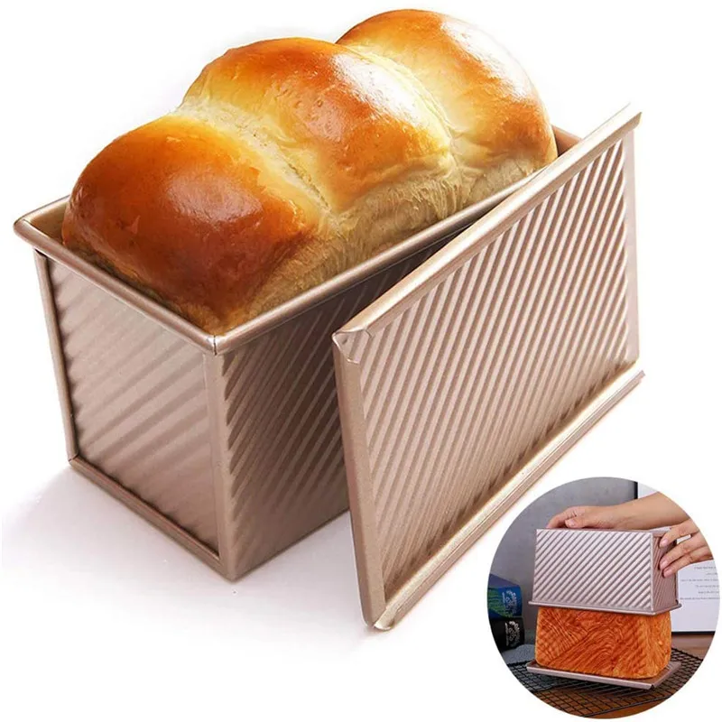 

Low MOQ Food Grade Bakeware 450G Mould Baking Mold Nonstick Carbon Steel Pullman Loaf Pan Toast Box Bread Tins With Cover Lid, Gold