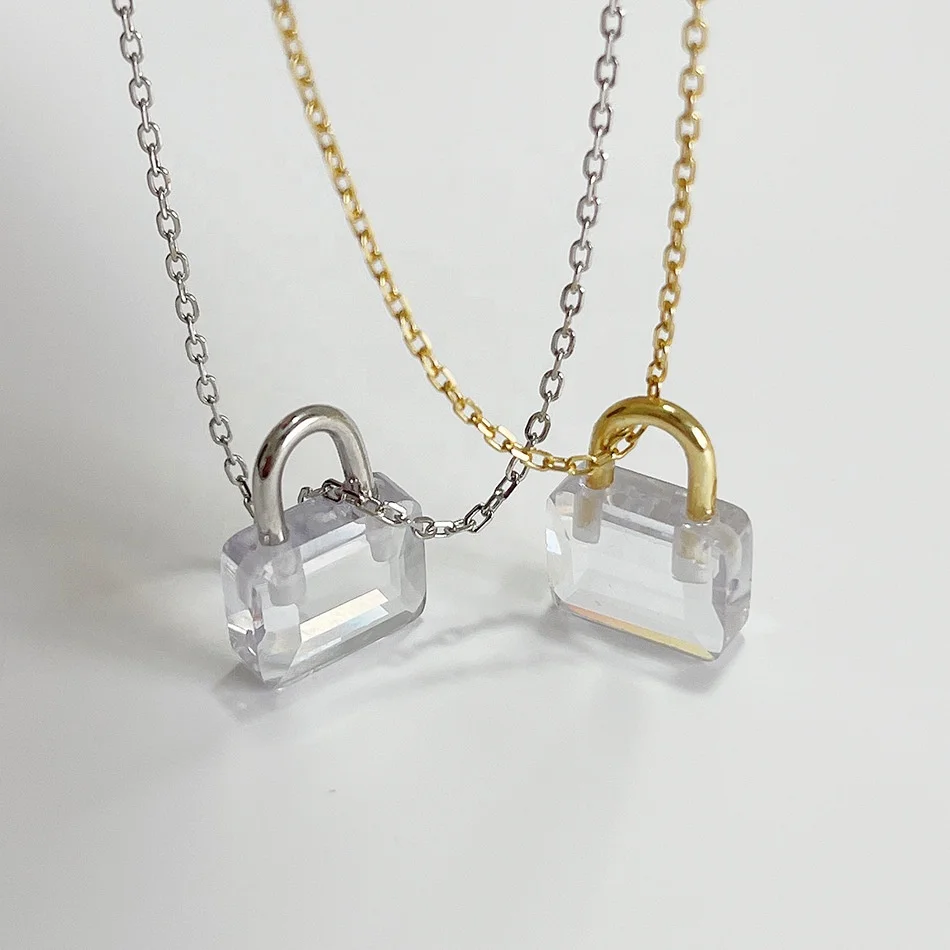 

INS Fashionable 18K Gold Plated Lock Pendant Necklace 925 Sterling Silver Clear Lock Handbag Pendant Necklace for Women