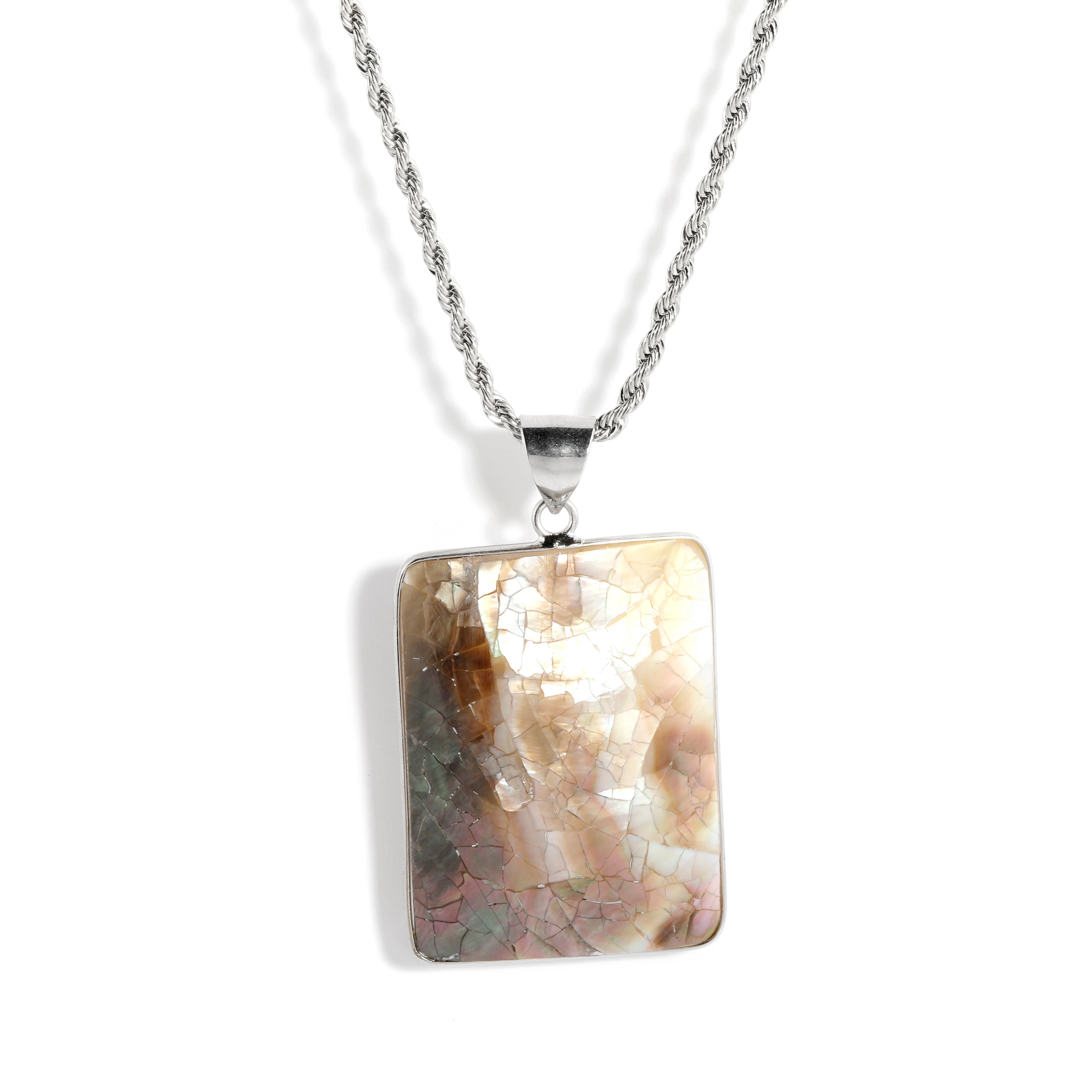 

2023 New Arrival Rope Chain Rectangle Pendant Mother Of Pearl Necklace Classic Long Chain Mother Ofpearl Shell Necklace Women
