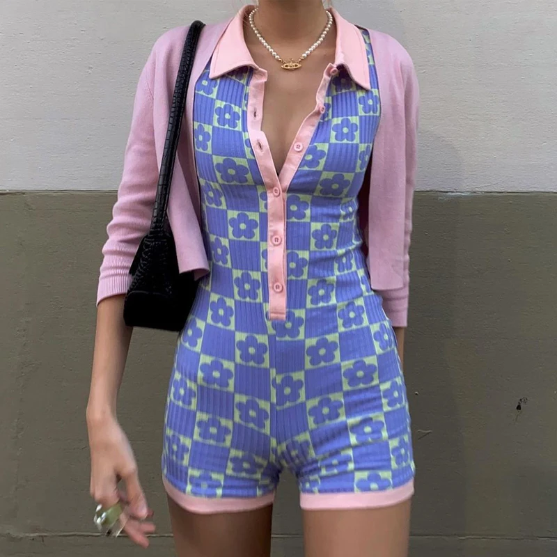 

Blingirl 2021 Summer Women Floral Print Short Sleeve Buttons Pacthwork Turn Down Collar Bodycon Sexy Streetwear Casual Playsuit, Purple