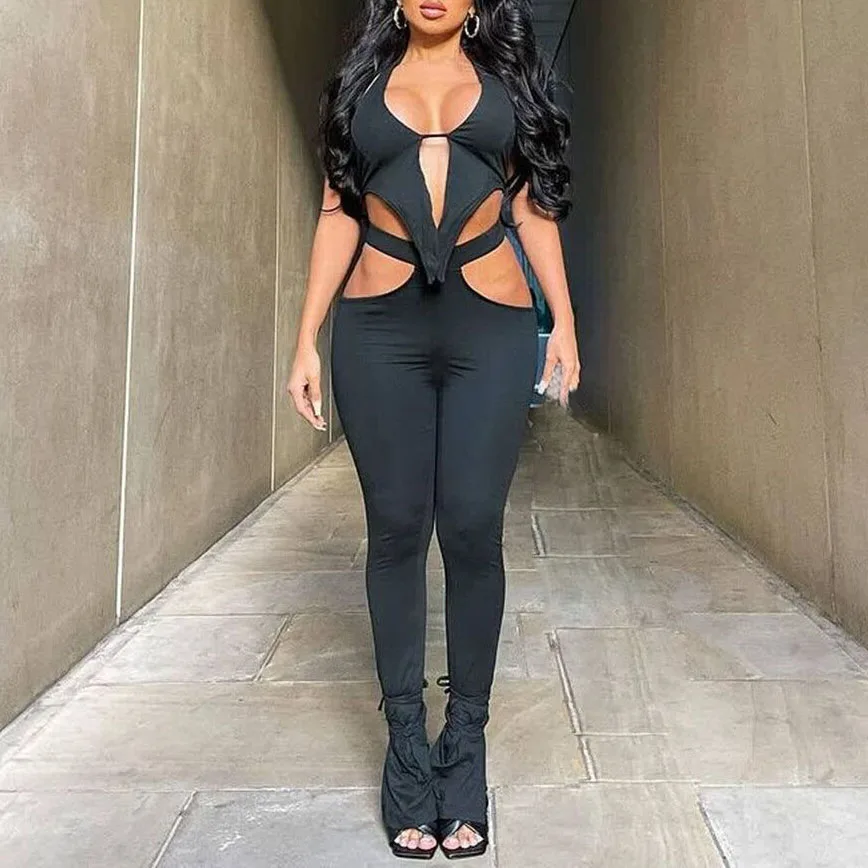 

FS3338D Hollow Out Women's Two Piece Set Bandage Halter Tops and Leggings pants Matching Sets