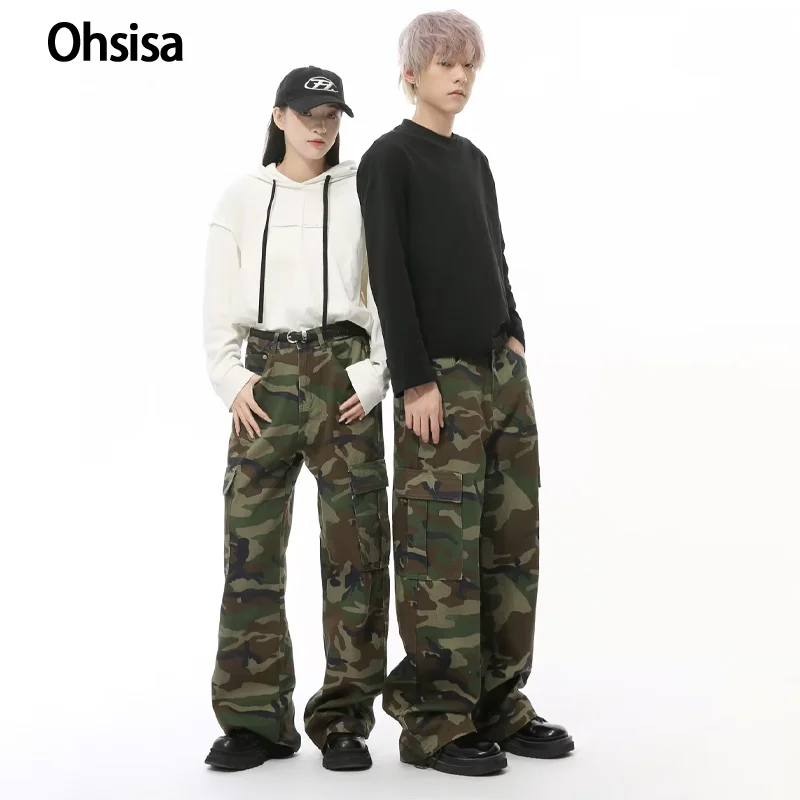 Ohsisa Camo Pants for Men & Women Loose Fit Cargo Trousers with Large Pockets Casual Cargo Pantalon Homme for Men