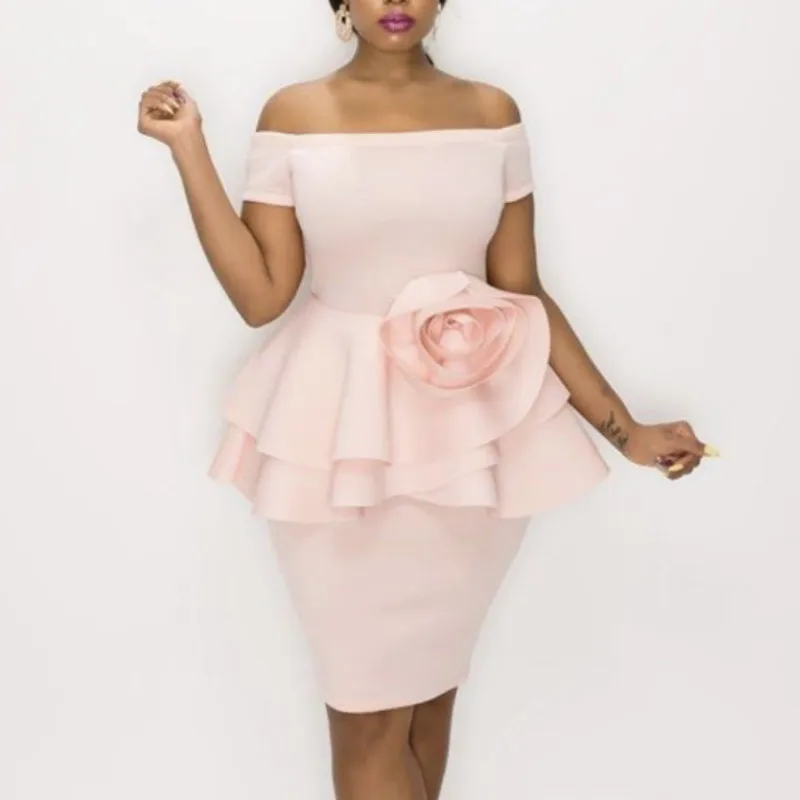 

2021 Spring Classy Pink Off Shoulder Ruffles African Women Prom Dress