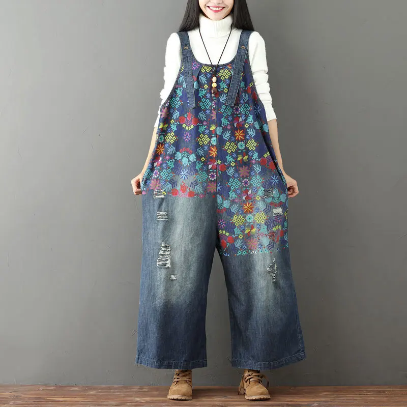 Boutique Wholesale of 2026 Spring New Printed Denim With Ground White Holes and Wide Leg Shoulder Straps for Women's Jumpsuits