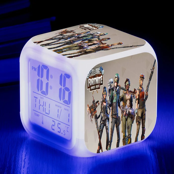 

Fortnites 7 LED Colors Changing Digital Alarm Clock Desk Gadget Digital Alarm Thermometer Night Glowing Cube LCD Clock