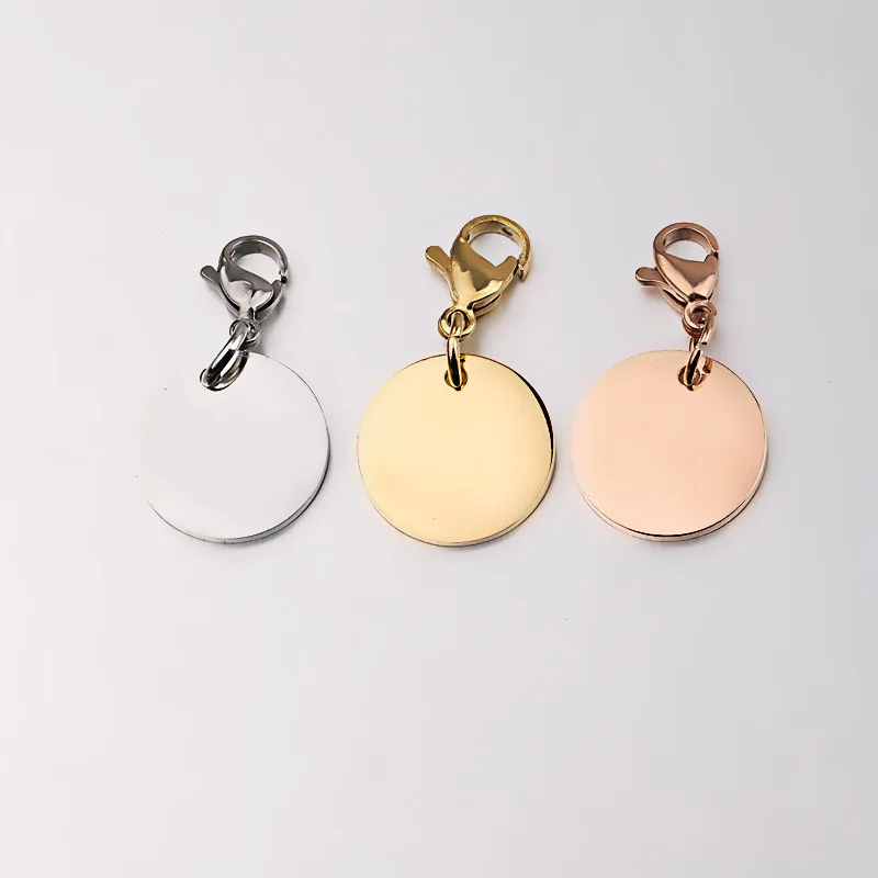 

Trendy stainless steel pendants custom logo laser engraving metal lobster clasp charm blank round disc DIY jewelry, Gold/rose gold/silver