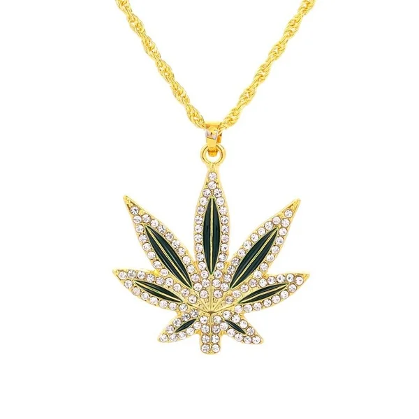 

New Men Hip Hop Alloy 14 Gold Plated Full Rhinestone Leaves Pendant Necklaces Chain, Gold;silver