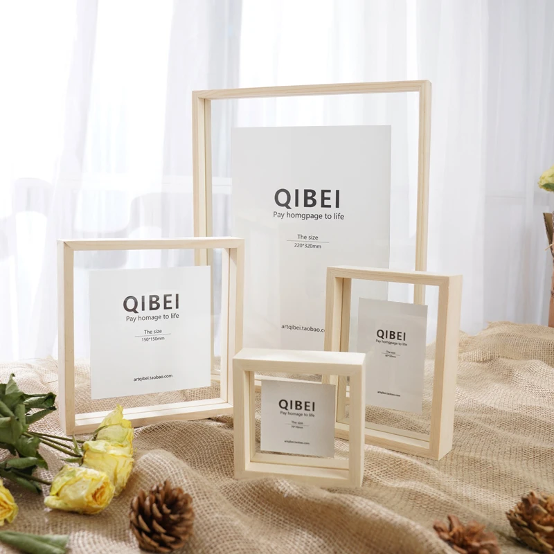 
wholesale transparent double sided glass picture wooden frame and clear acrylic floating photo frame wall art 