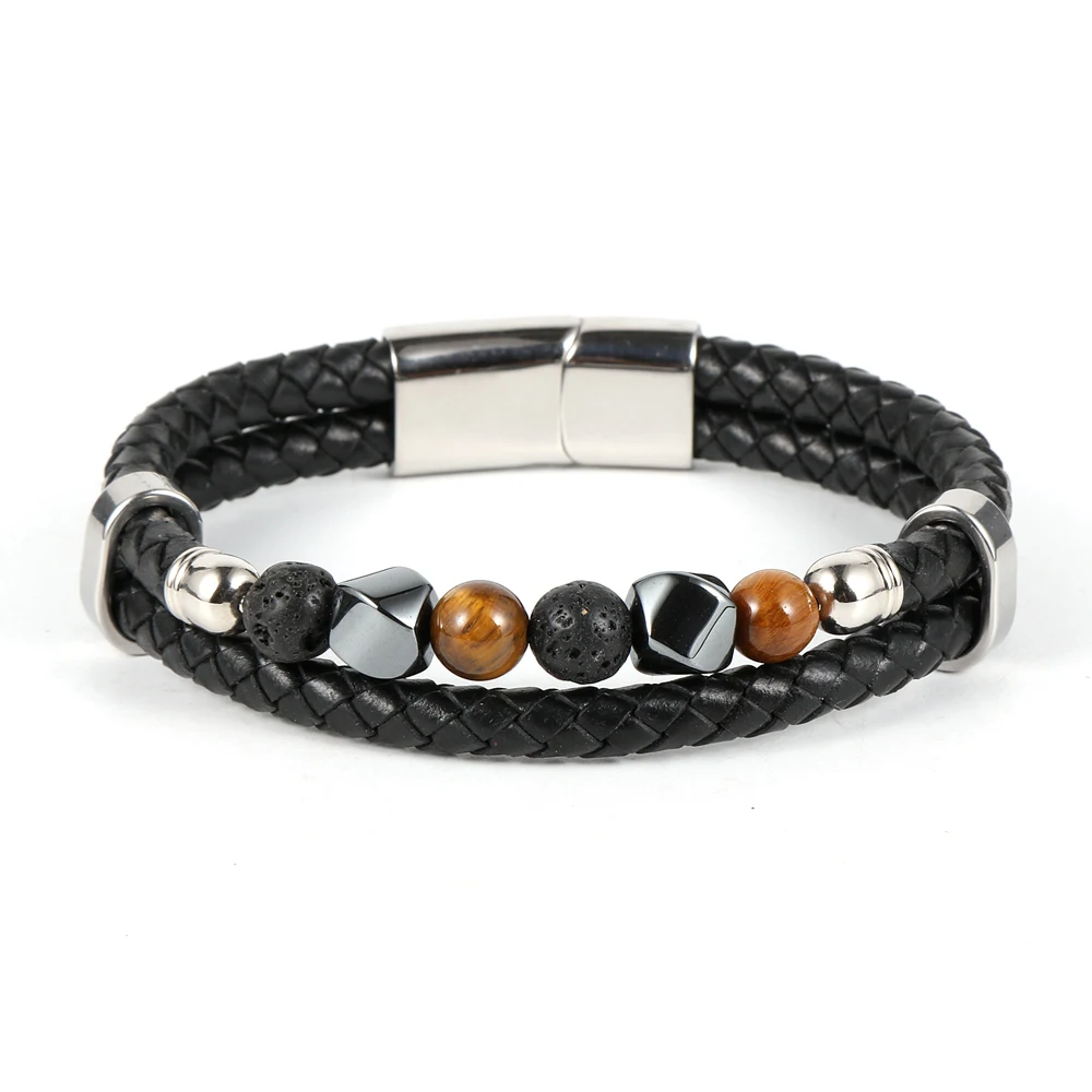 

Punk Tiger Eye Lava Men Natural Stone Bead Stainless Steel Magnetic Clasp Black Genuine Leather Bracelet