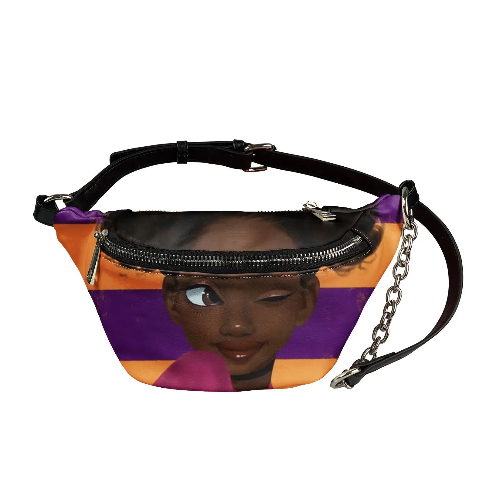 

New Arrivals 2021 PU Leather Waist Bags For Women Art African Black Girls' Face Printed Custom Waist Bag Ladies Chest Package, Custom color ladies chest package