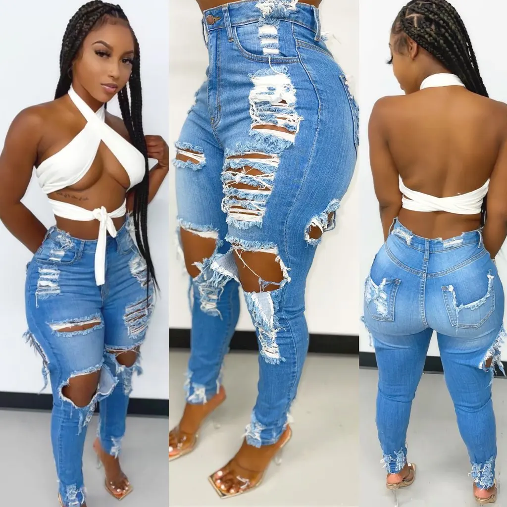 

H8239 - women fashion scratched hole bandage jean denim pants