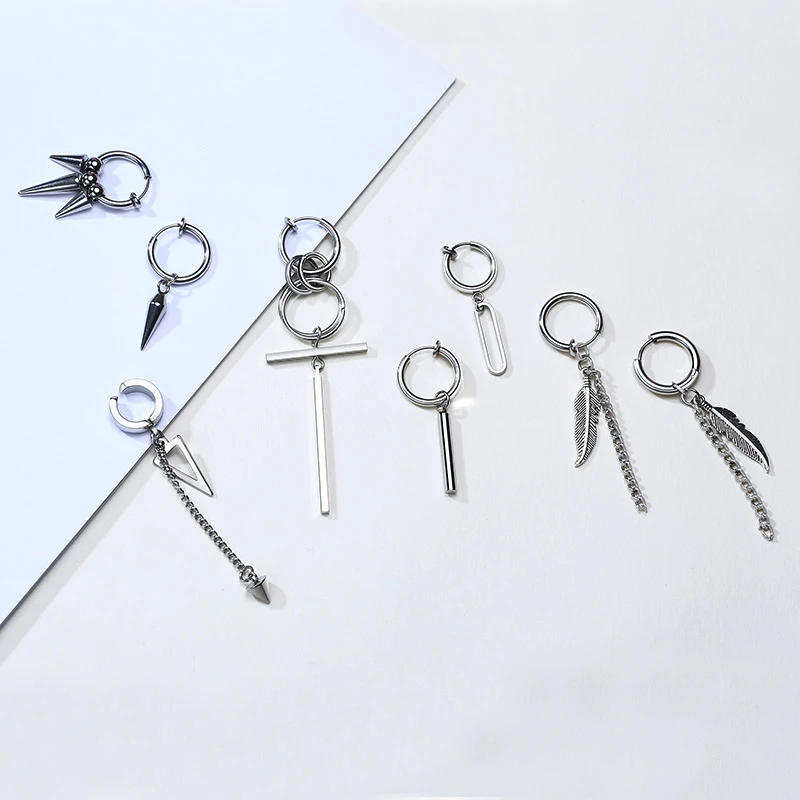 

Fashion 2021 New Arrivals High Quality Titanium Clip Earrings Geometric Hollow Single Steel Color Long Men's Ear Clip Earrings, Stainless steel