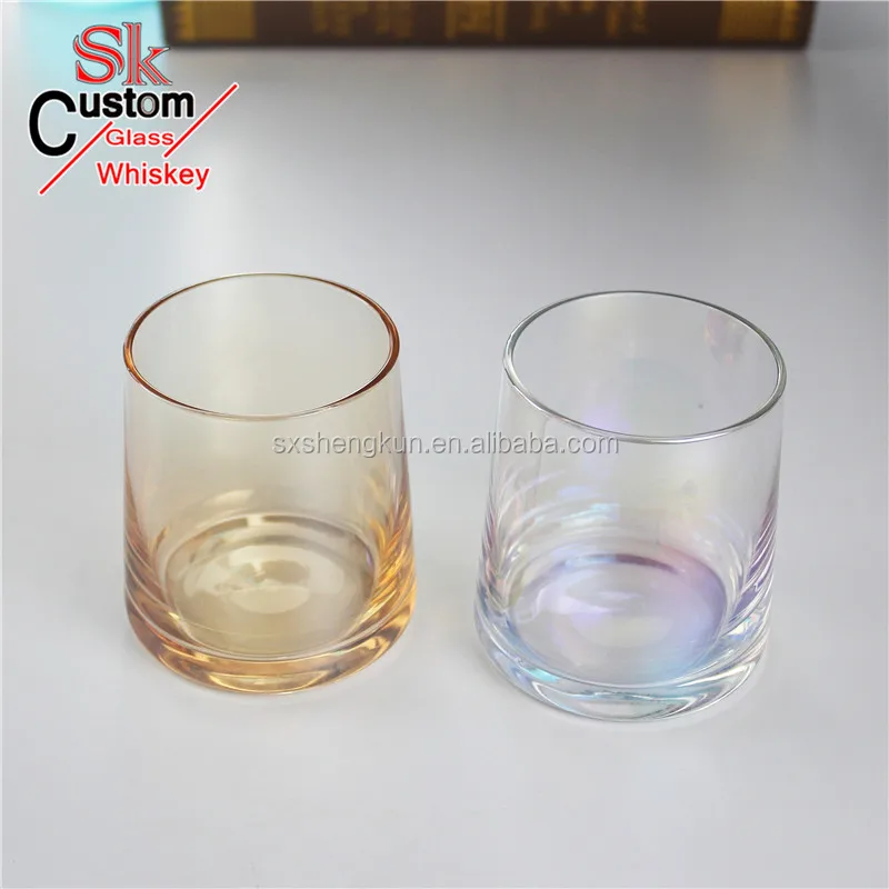 
Hand crafted transparent lead free crystal electroplated rainbow color whiskey glass 