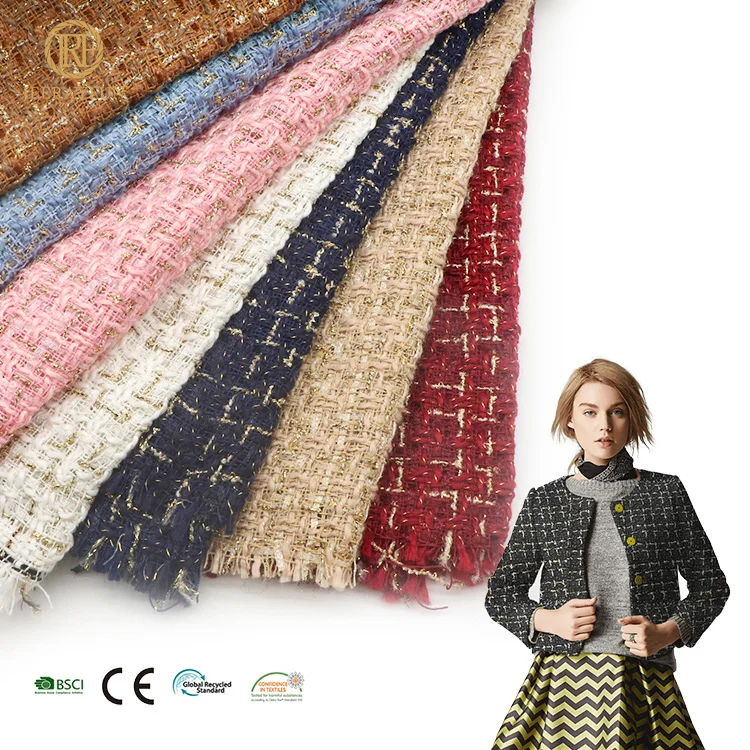 

Wholesale Colorful Metallic Polyester Stretchy Plaid Check Woven Woolen Yarn Dyed Tweed Fabric For Winter Coat Suiting