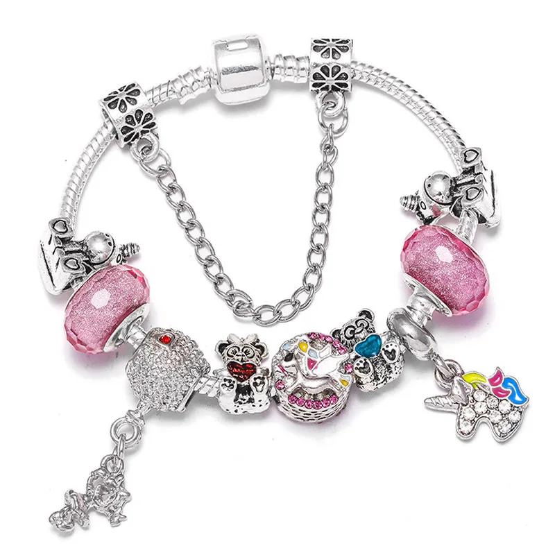 

DIY Charm Couple Jewelry Cartoon Crystal Unicorn Bracelet Silver Plated Glass Beaded Bear Charm Bracelet For Women