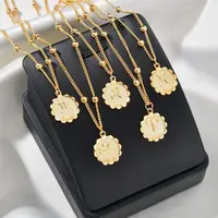 

Fashion Gold Zodiac necklace For Women Beads Clavicle Chain 12 Zodiac Carve Coin Pendant Necklace Female Zodiac Palace