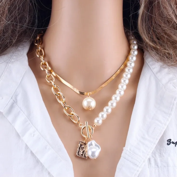 

Fashion Pearls Geometric multiple Pendants Necklaces For Women New Design 2 Layers Jewelry Necklaces, Colors