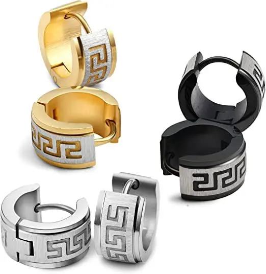 

G2312 Wholesale Titanium Stainless Steel Brushed The Great Wall Pattern Huggie Earrings Hoop Men Fashion Jewelry Earrings