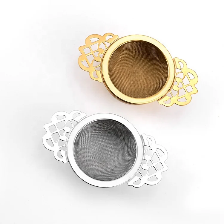 

High Quality Double Flower Handle Tea Strainer Stainless Steel Tea Infuser Strainer With Saucer, Gold and silver