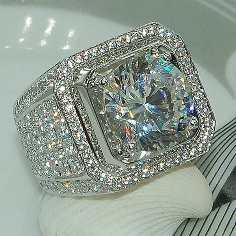 

New Mens Silver Plated Ring Male Jewelry White Cubic Zircon Men Wedding Band CZ Rings Jewelry