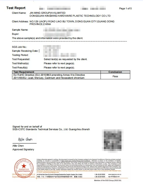 Rapport de test SGS RoHS pour Dongguan Kingming Hardware — Directive RoHS UE 2015/863, Plomb, Mercure, Cadmium, Chrome hexavalent, CONFORME