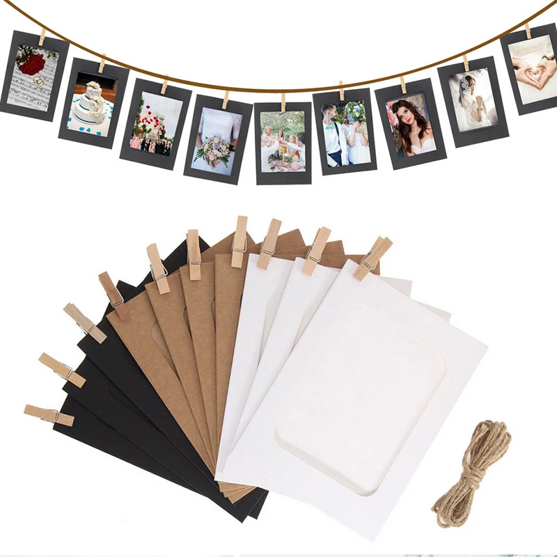 

10Pcs 3Inch Combination Paper Frame with Clips and Rope Frame for Pictures DIY Hanging Picture Album Home Decor Wall Photo Frame