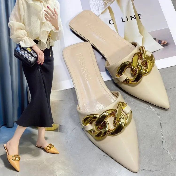 

Women's summer 2021 new pointed flat slippers women's shoes Metal chain sandals