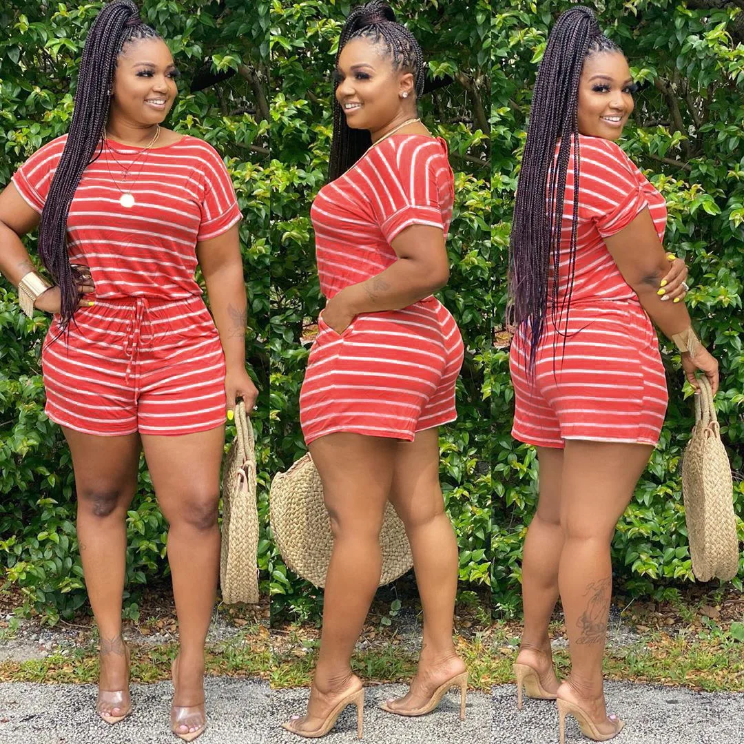 

S-5XL plus size woman clothing 2021 summer stripe print women biker short two piece sets