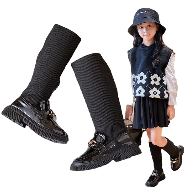 

Superstarer fashion long kid knee high boot black 2021 knitted girls stock stocking boots for children