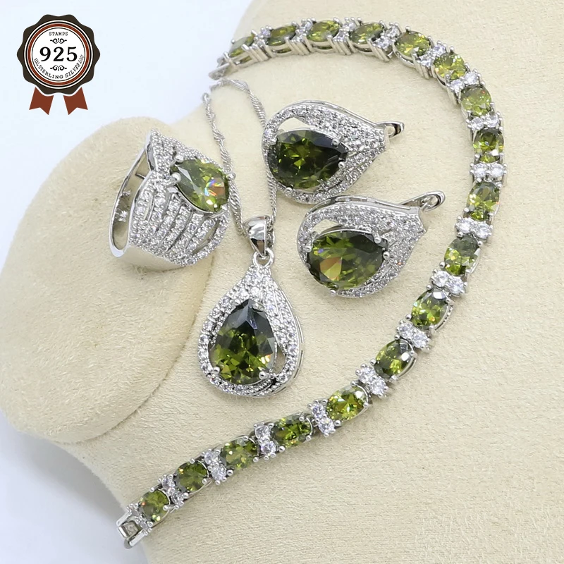 

New Olive Green Zircon Silver Color Jewelry Set for Women with Bracelet Earrings Necklace Pendant Ring Birthday Gift