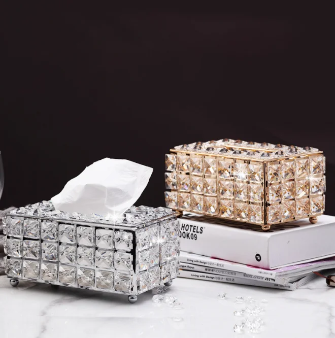 

High quality luxury crystal tissue box gold silver metal tissue box napkin box for living room bathroom car