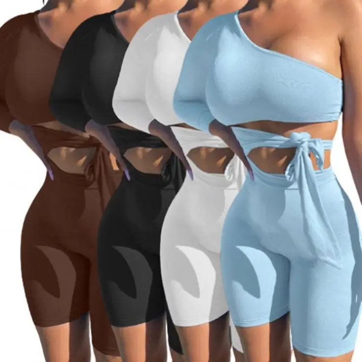 

HEBE Wholesale One Shoulder Crop Top Bow Solid Color Casual Summer Two Piece 2 Piece Short Set Women Clothing