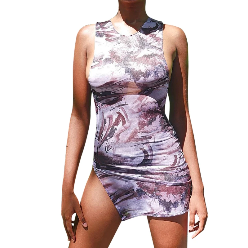 

New Summer 2021 Fashion print vest dress Traditional Chinese dress with flower pattern Sexy slit dress