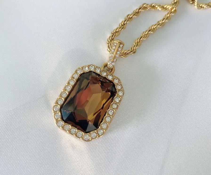 

Women Chunky Necklace Gold Square Pendant Necklace With Brown Stone Necklace