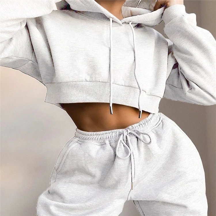 

Custom Plain Cotton Women 2 Pieces Crop Hoodie And Sweat Pants Jogger Set, Black white grown grey
