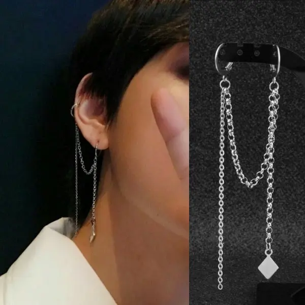 

Korean Earrings BTS Single Piece Men Punk Dangle Cross Tassel Earring Hip Hop Jewelry Fashion Accessories, Silver color