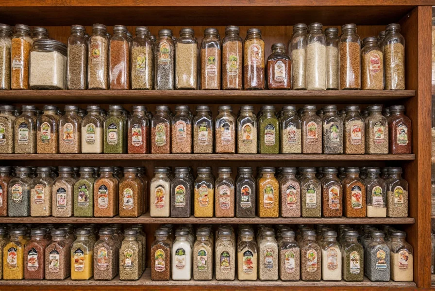 Interior of a specialty spice shop with glass jars of various salts and peppers arranged on wooden shelves